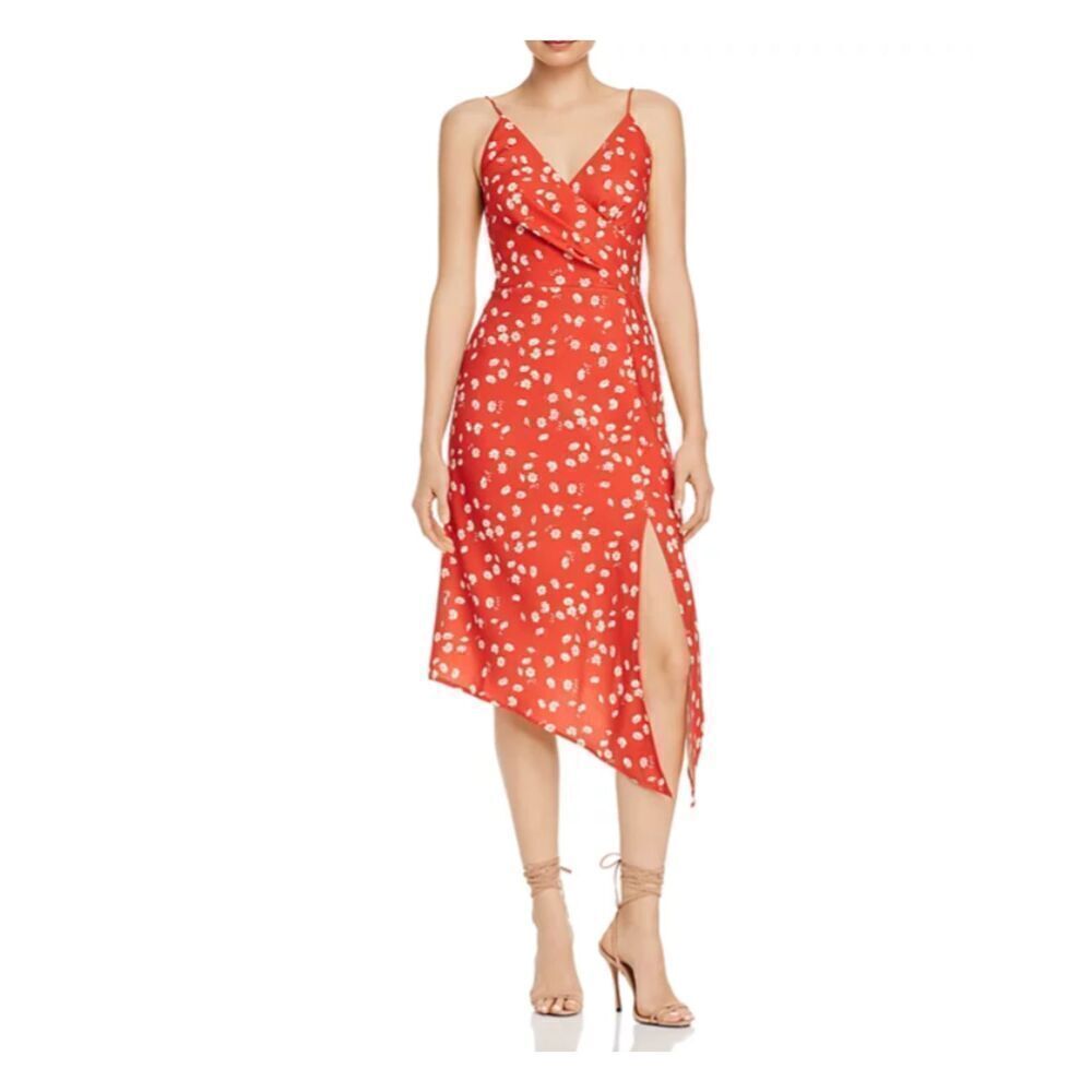 Finders Keepers Mae Asymmetric Hem‎ Floral Dress Rusty Red Slit Strappy Size 8
